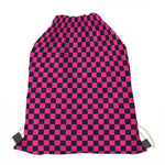 Magenta Pink And Black Checkered Print Drawstring Bag