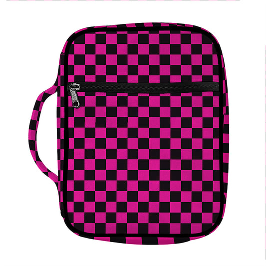 Magenta Pink And Black Checkered Print Front Pocket Bible Bag