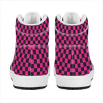 Magenta Pink And Black Checkered Print High Top Leather Sneakers