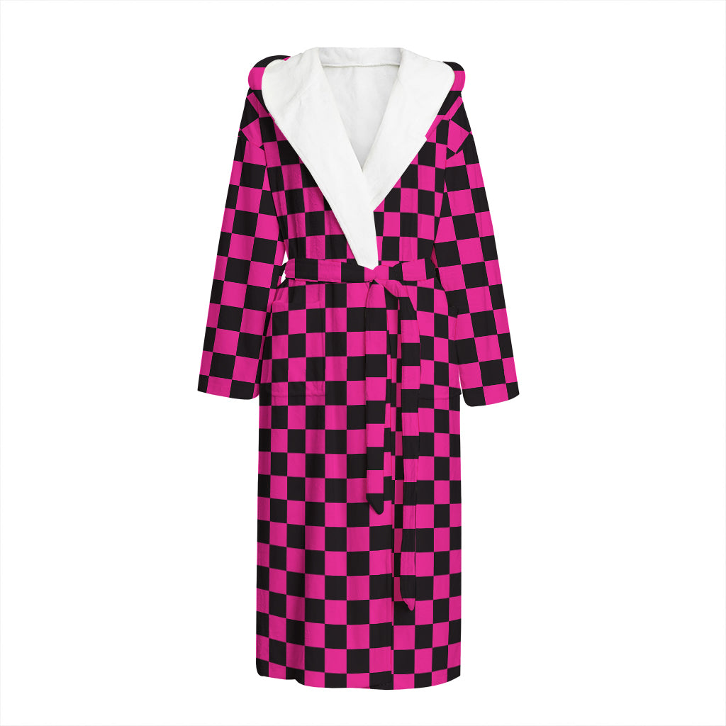 Magenta Pink And Black Checkered Print Hooded Bathrobe
