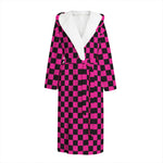 Magenta Pink And Black Checkered Print Hooded Bathrobe