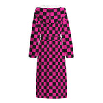 Magenta Pink And Black Checkered Print Hooded Bathrobe