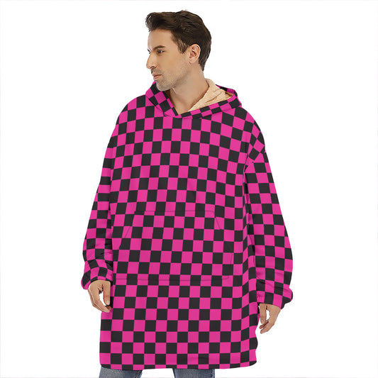 Magenta Pink And Black Checkered Print Hoodie Blanket