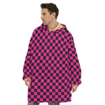 Magenta Pink And Black Checkered Print Hoodie Blanket