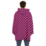 Magenta Pink And Black Checkered Print Hoodie Blanket