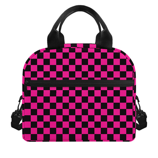 Magenta Pink And Black Checkered Print Insulated Lunch Bag