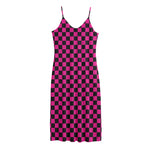 Magenta Pink And Black Checkered Print Jersey Midi Cami Dress