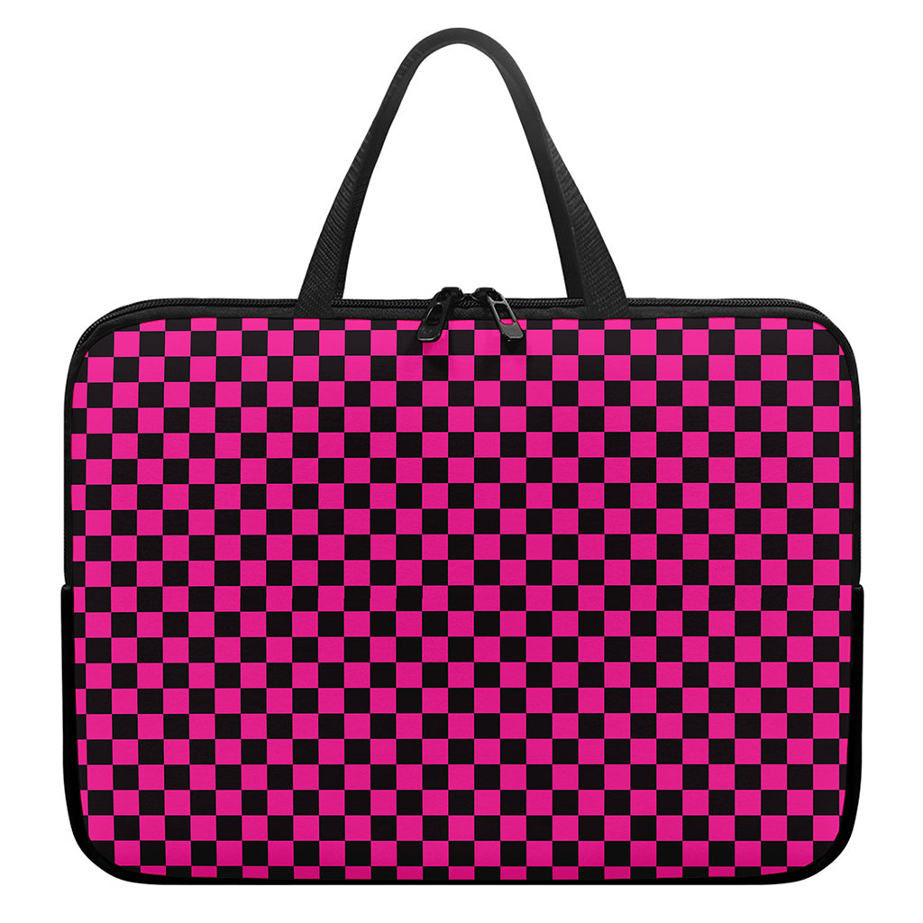Magenta Pink And Black Checkered Print Laptop Sleeve With Handle