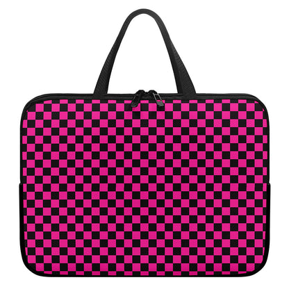 Magenta Pink And Black Checkered Print Laptop Sleeve With Handle
