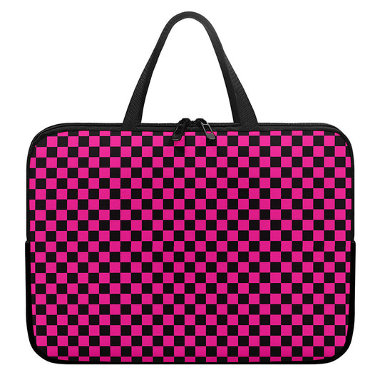 Magenta Pink And Black Checkered Print Laptop Sleeve With Handle