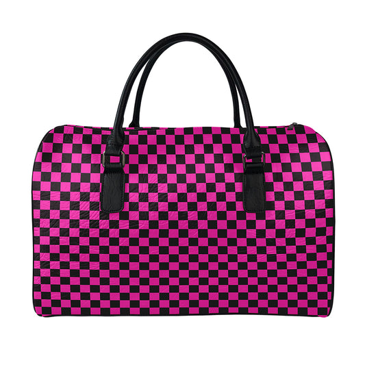 Magenta Pink And Black Checkered Print Leather Duffle Bag