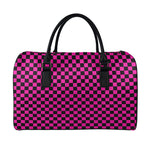 Magenta Pink And Black Checkered Print Leather Duffle Bag