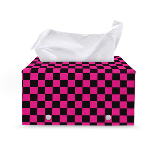 Magenta Pink And Black Checkered Print Leather Tissue Box Cover