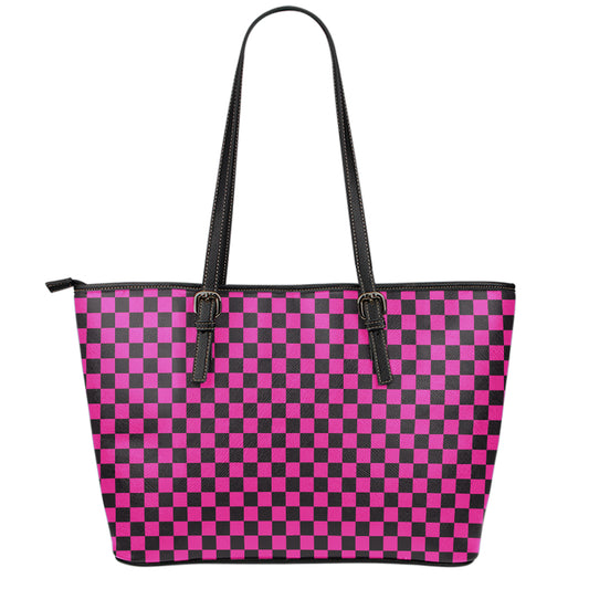 Magenta Pink And Black Checkered Print Leather Tote Bag