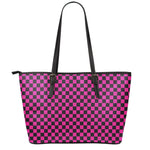 Magenta Pink And Black Checkered Print Leather Tote Bag