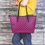 Magenta Pink And Black Checkered Print Leather Tote Bag