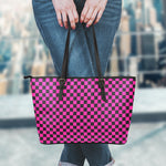 Magenta Pink And Black Checkered Print Leather Tote Bag