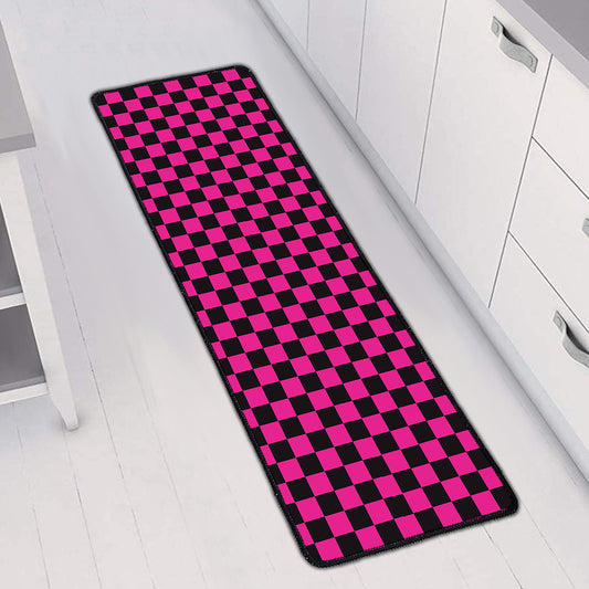 Magenta Pink And Black Checkered Print Long Kitchen Mat
