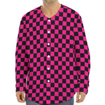 Magenta Pink And Black Checkered Print Long Sleeve Baseball Jersey