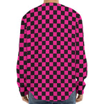 Magenta Pink And Black Checkered Print Long Sleeve Baseball Jersey