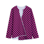 Magenta Pink And Black Checkered Print Long Sleeve Short Coat