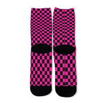 Magenta Pink And Black Checkered Print Long Socks