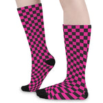 Magenta Pink And Black Checkered Print Long Socks