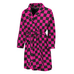 Magenta Pink And Black Checkered Print Men's Bathrobe