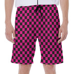 Magenta Pink And Black Checkered Print Men's Beach Shorts