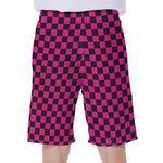 Magenta Pink And Black Checkered Print Men's Beach Shorts