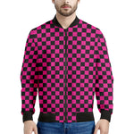 Magenta Pink And Black Checkered Print Men's Bomber Jacket
