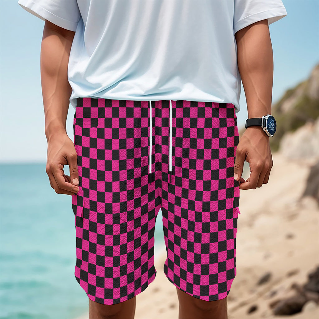 Magenta Pink And Black Checkered Print Men's Cargo Shorts