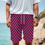 Magenta Pink And Black Checkered Print Men's Cargo Shorts
