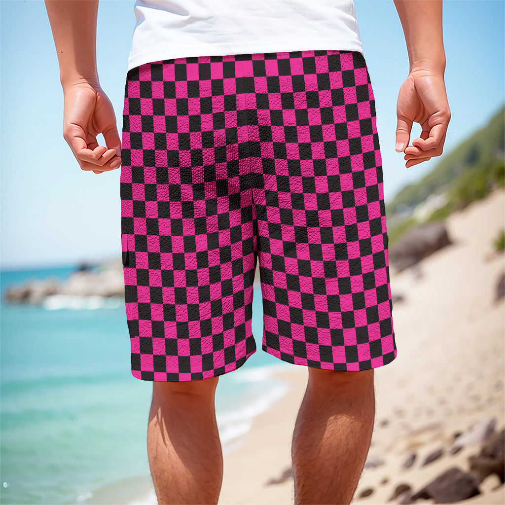 Magenta Pink And Black Checkered Print Men's Cargo Shorts