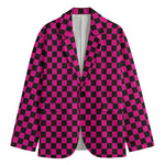 Magenta Pink And Black Checkered Print Men's Cotton Blazer