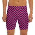 Magenta Pink And Black Checkered Print Men's Long Boxer Briefs