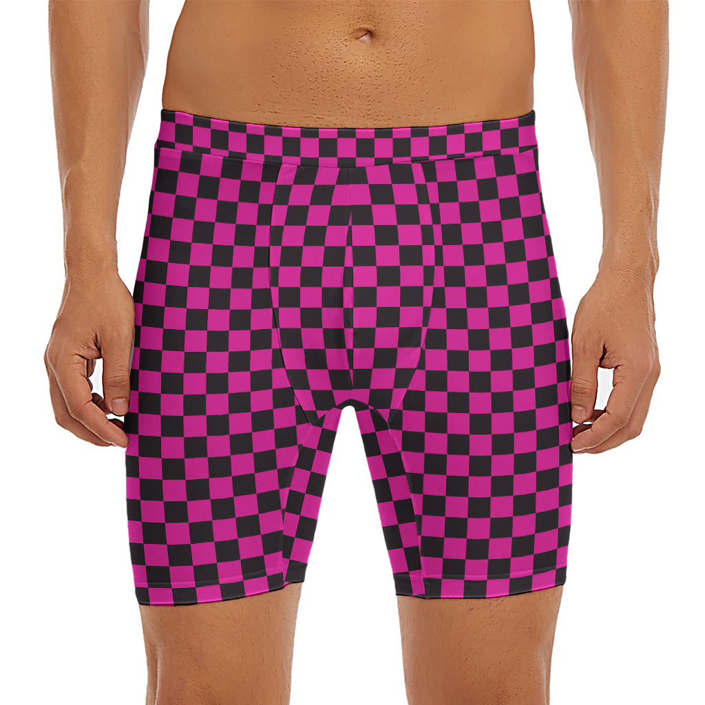 Magenta Pink And Black Checkered Print Men's Long Boxer Briefs