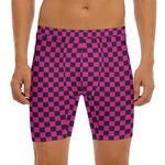 Magenta Pink And Black Checkered Print Men's Long Boxer Briefs