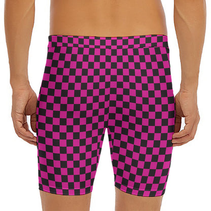 Magenta Pink And Black Checkered Print Men's Long Boxer Briefs