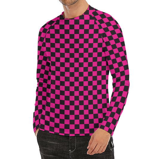 Magenta Pink And Black Checkered Print Men's Long Sleeve Rash Guard