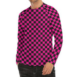 Magenta Pink And Black Checkered Print Men's Long Sleeve Rash Guard