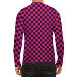 Magenta Pink And Black Checkered Print Men's Long Sleeve Rash Guard