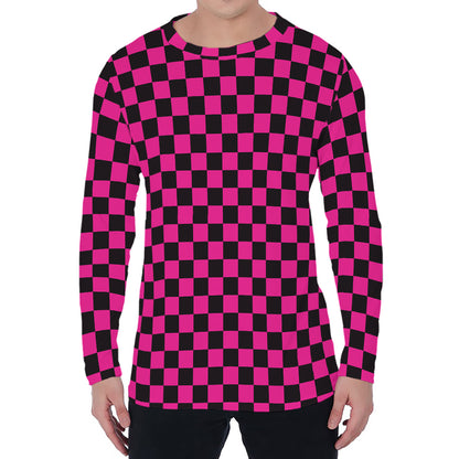 Magenta Pink And Black Checkered Print Men's Long Sleeve T-Shirt