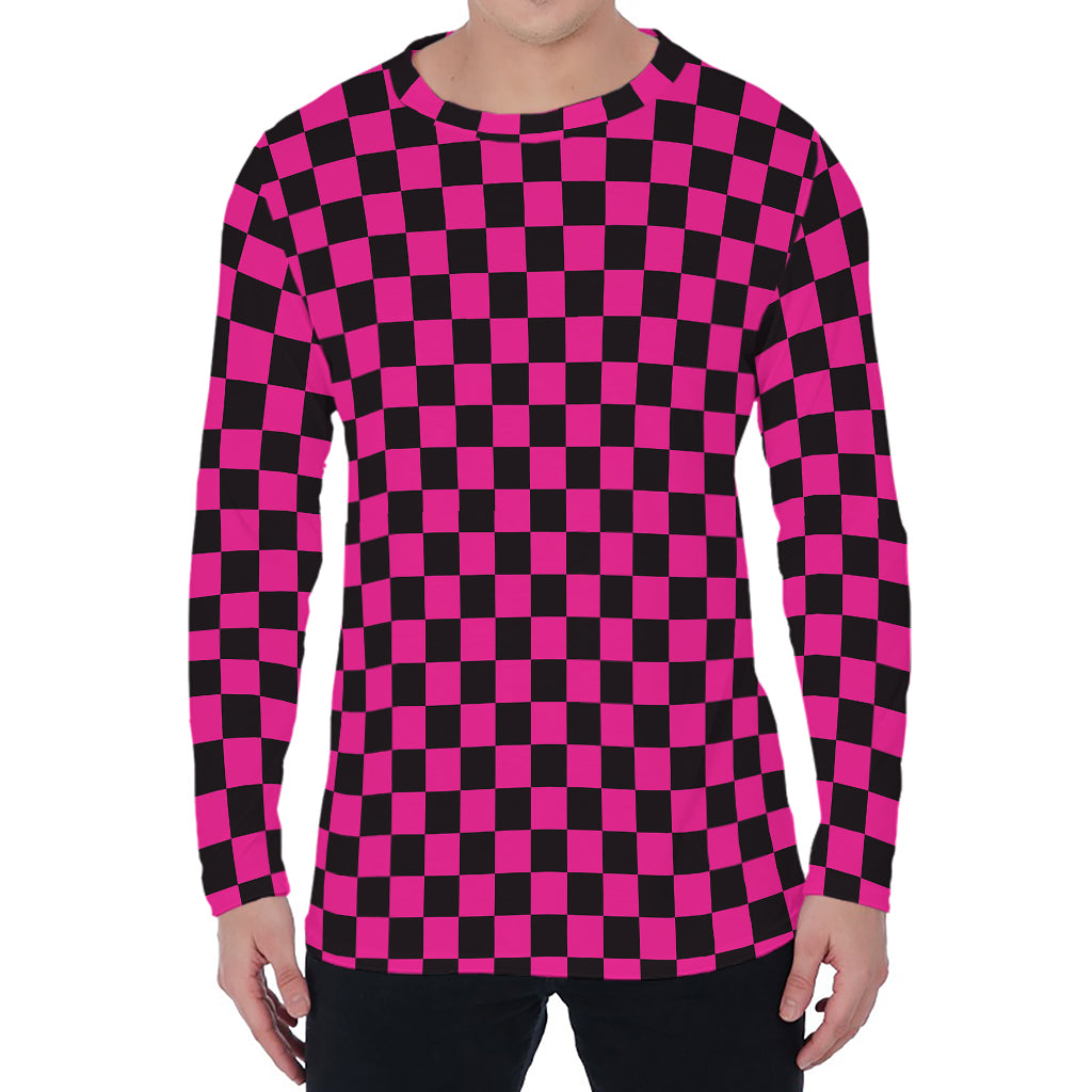Magenta Pink And Black Checkered Print Men's Long Sleeve T-Shirt