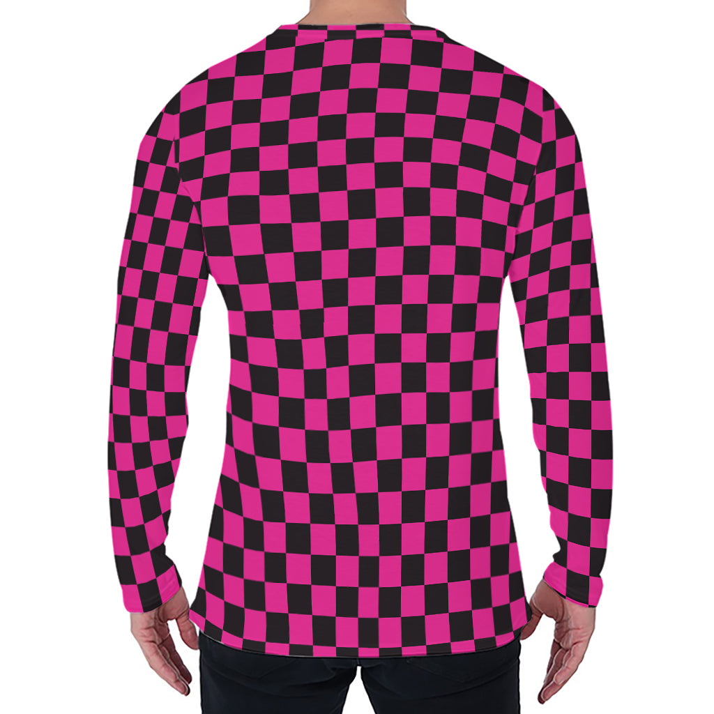 Magenta Pink And Black Checkered Print Men's Long Sleeve T-Shirt