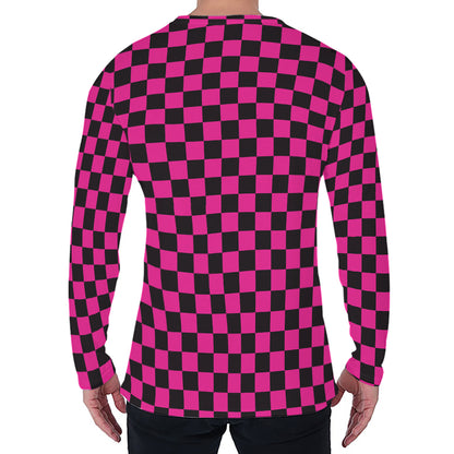 Magenta Pink And Black Checkered Print Men's Long Sleeve T-Shirt