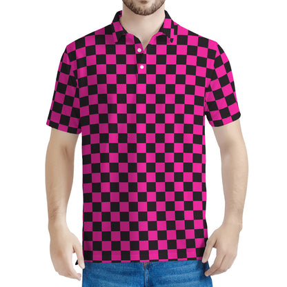 Magenta Pink And Black Checkered Print Men's Polo Shirt