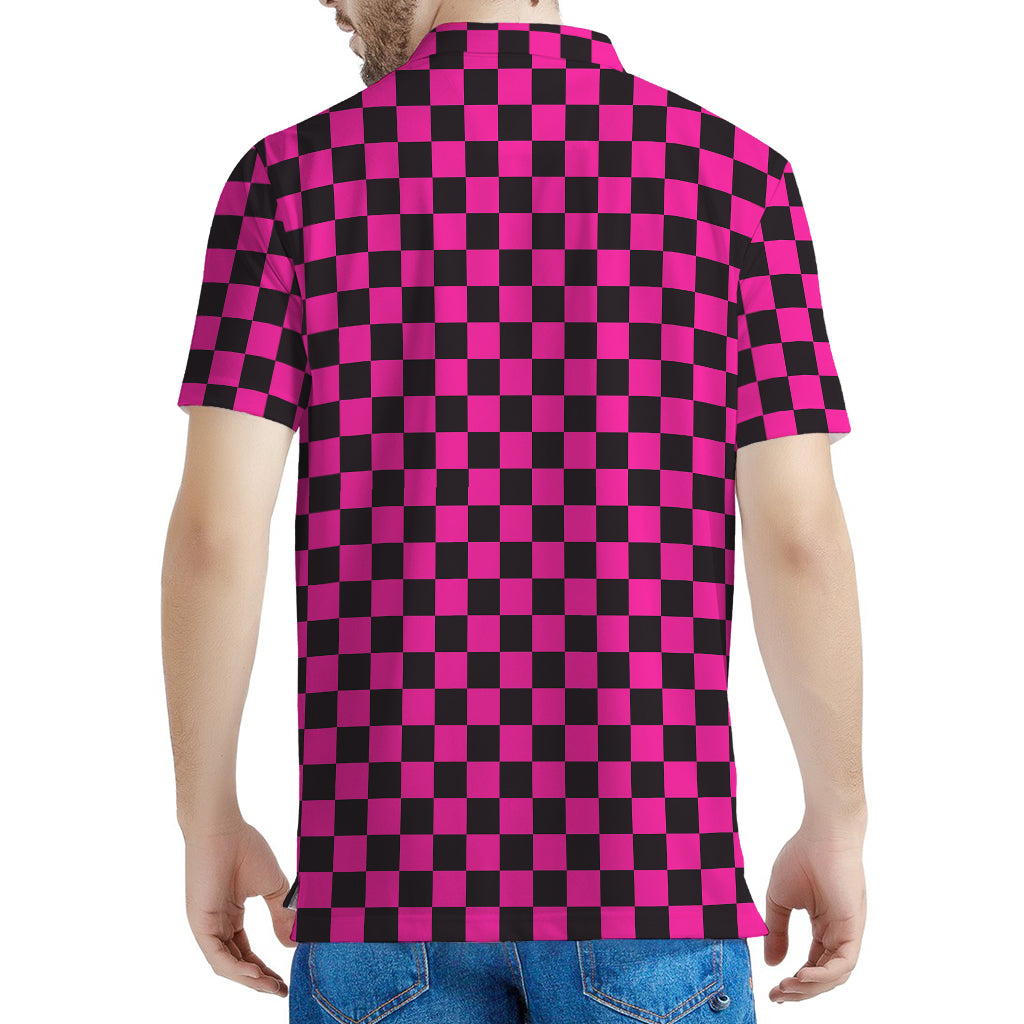 Magenta Pink And Black Checkered Print Men's Polo Shirt