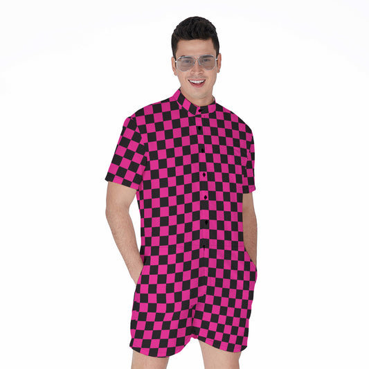 Magenta Pink And Black Checkered Print Men's Rompers