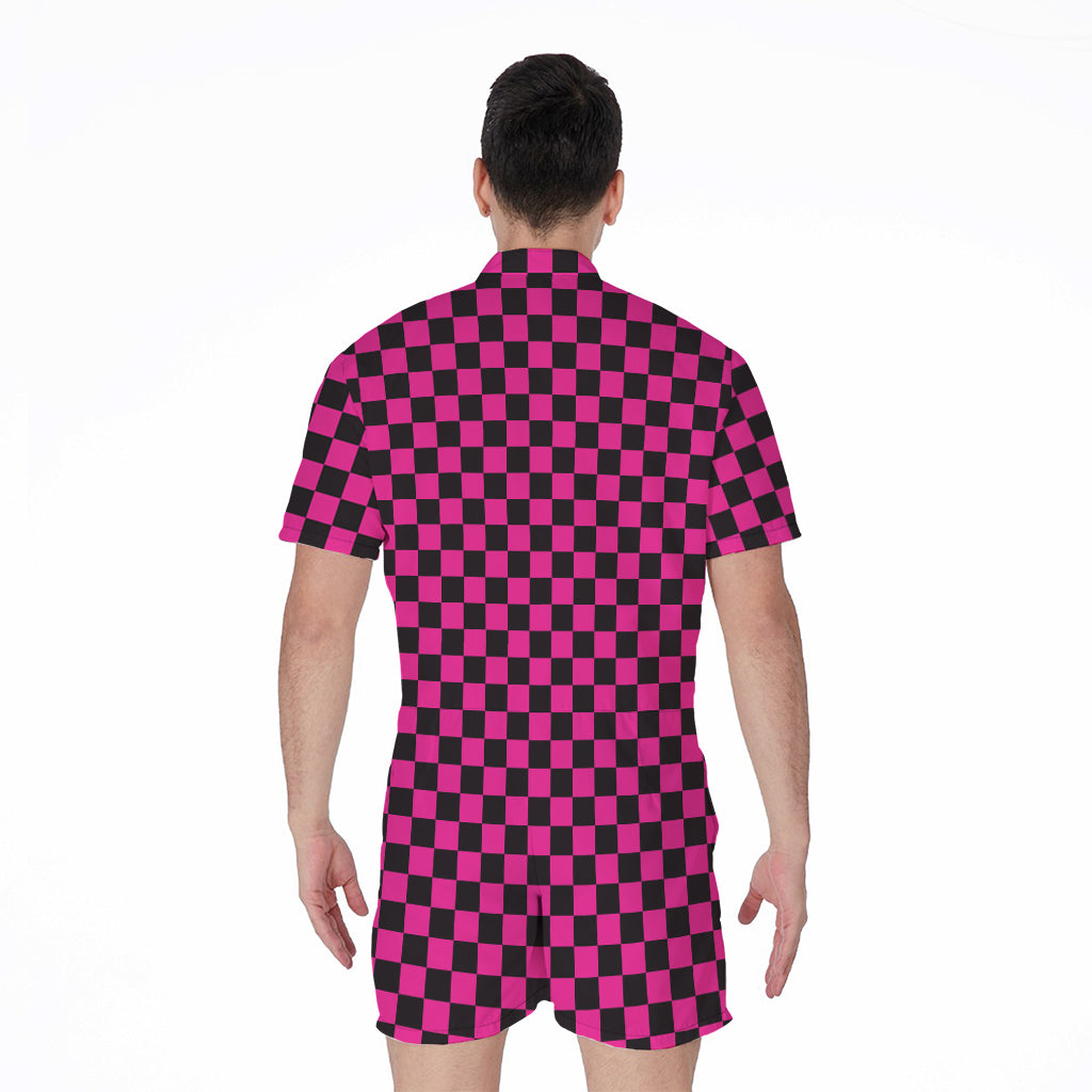 Magenta Pink And Black Checkered Print Men's Rompers